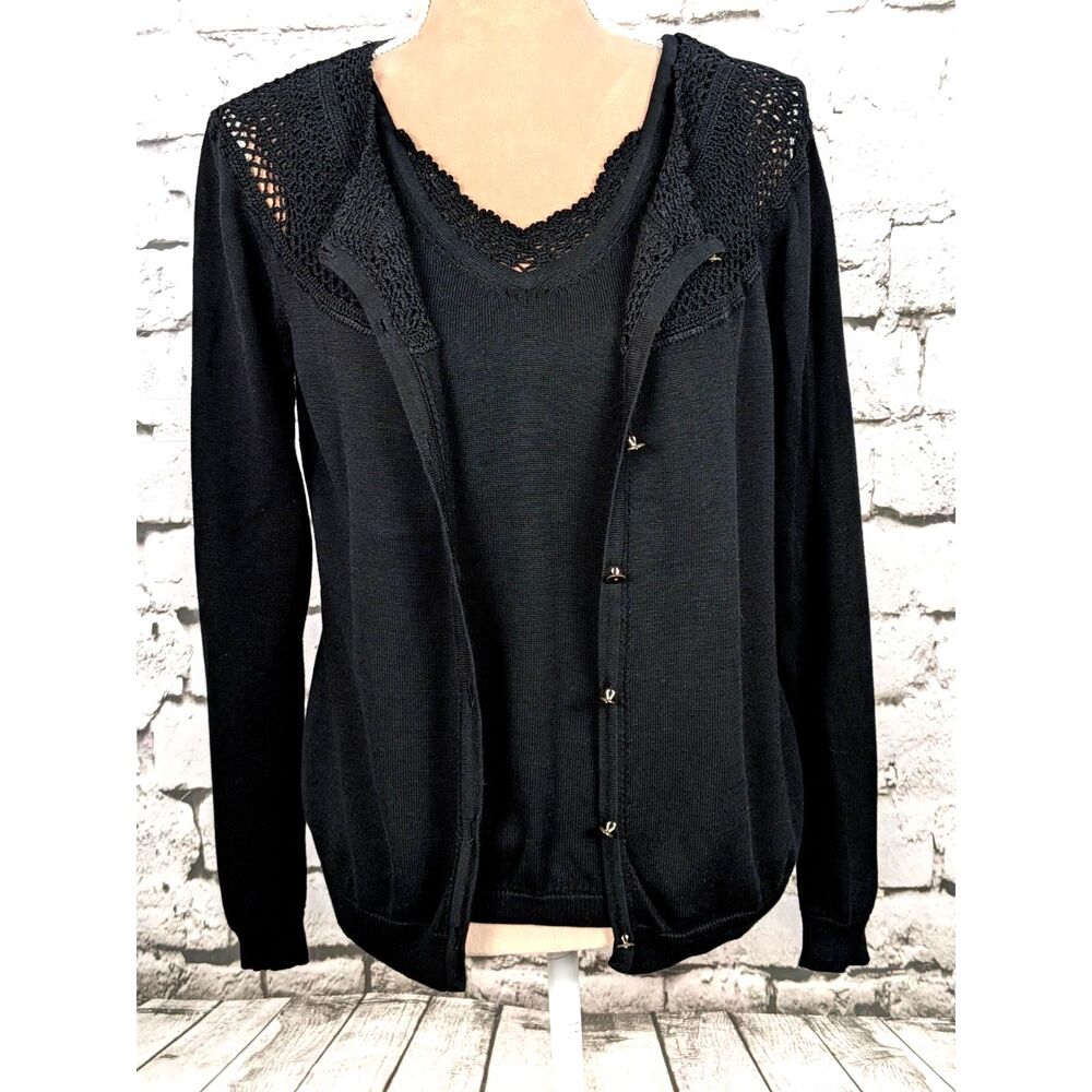 SIGRID OLSEN Classic Silk-Blend Twin Set Cardigan and Sweater Tank Black Medium